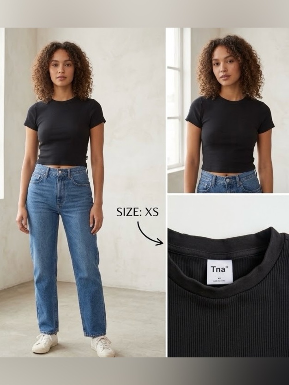 Aritzia Tna Black Ribbed Short Sleeve Crewneck Crop Top XS